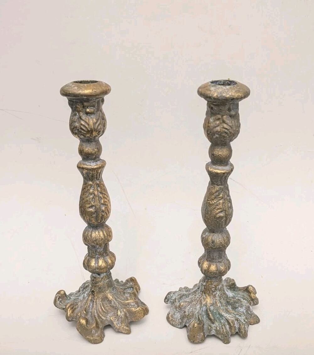 Baroque Rococo Candlestick Candle Holder Pair Brass Verdigris 9.5" Ornate